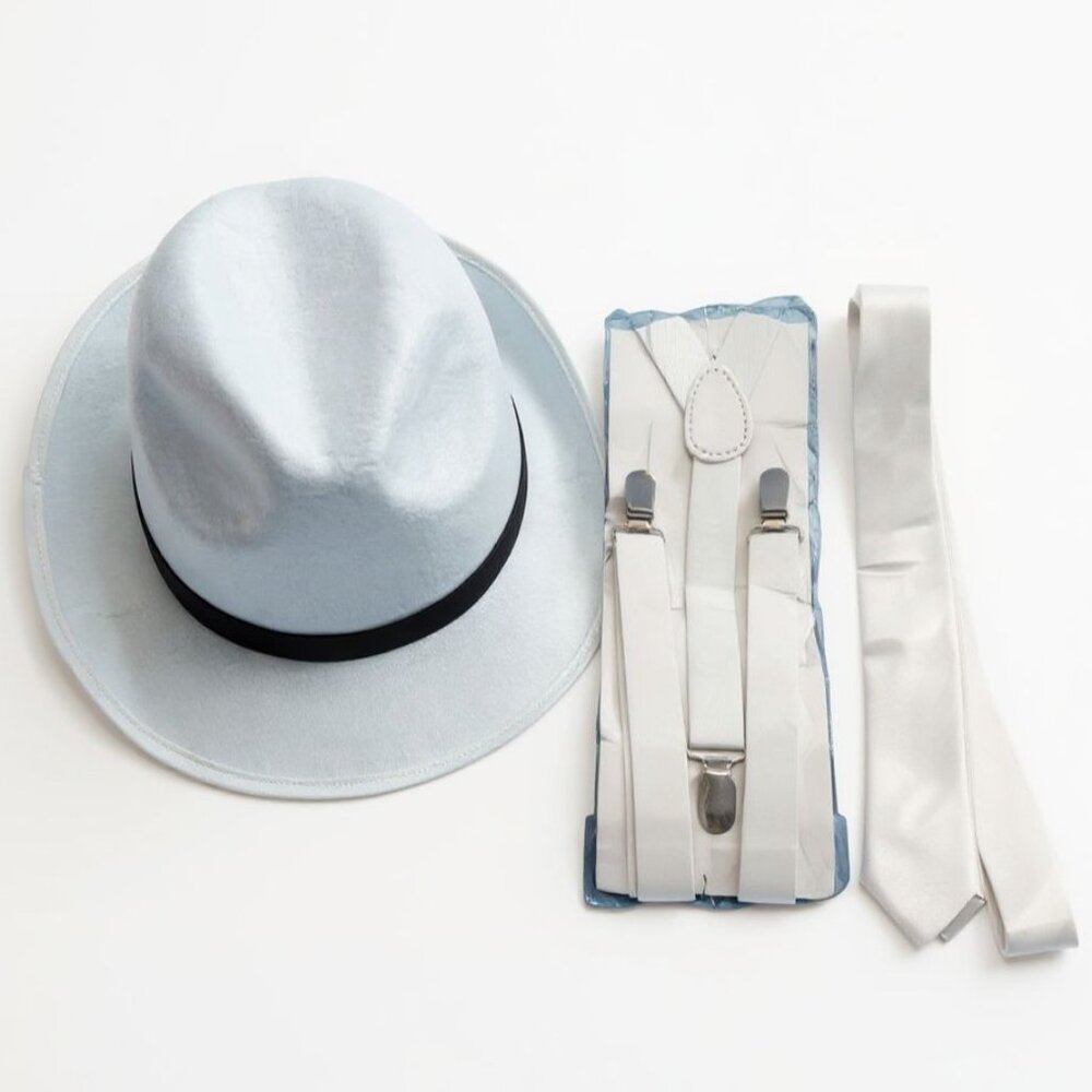 White Fedora Hat Suspenders & Tie Set  Costume Accessories For Adults And Teens